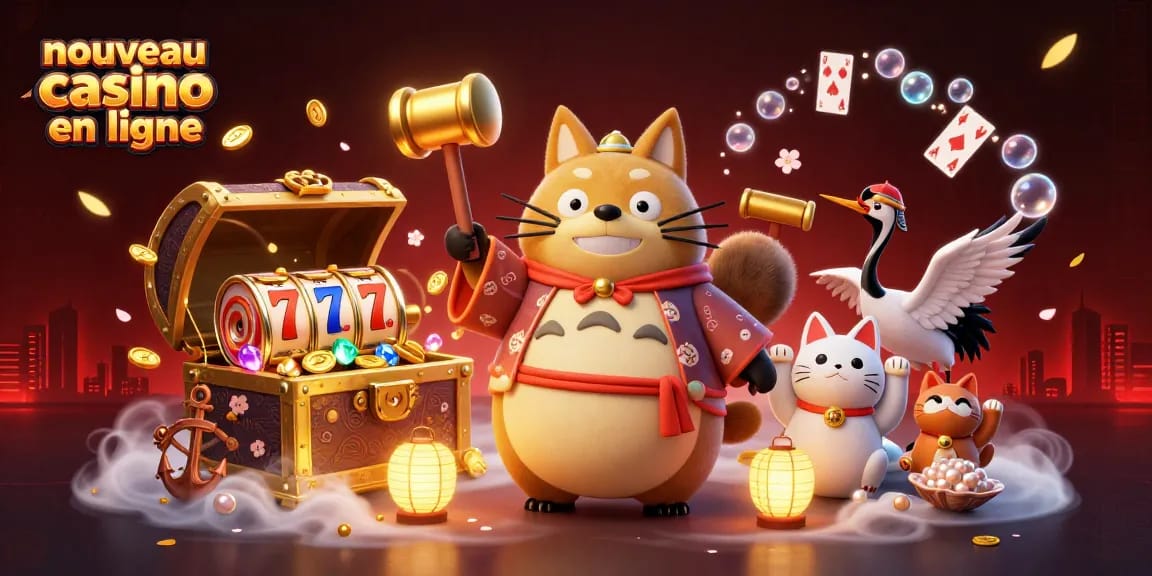 Célébrez le nouveau casino en ligne avec des personnages de jeu colorés dans une scène dynamique pleine de richesses et de plaisir.