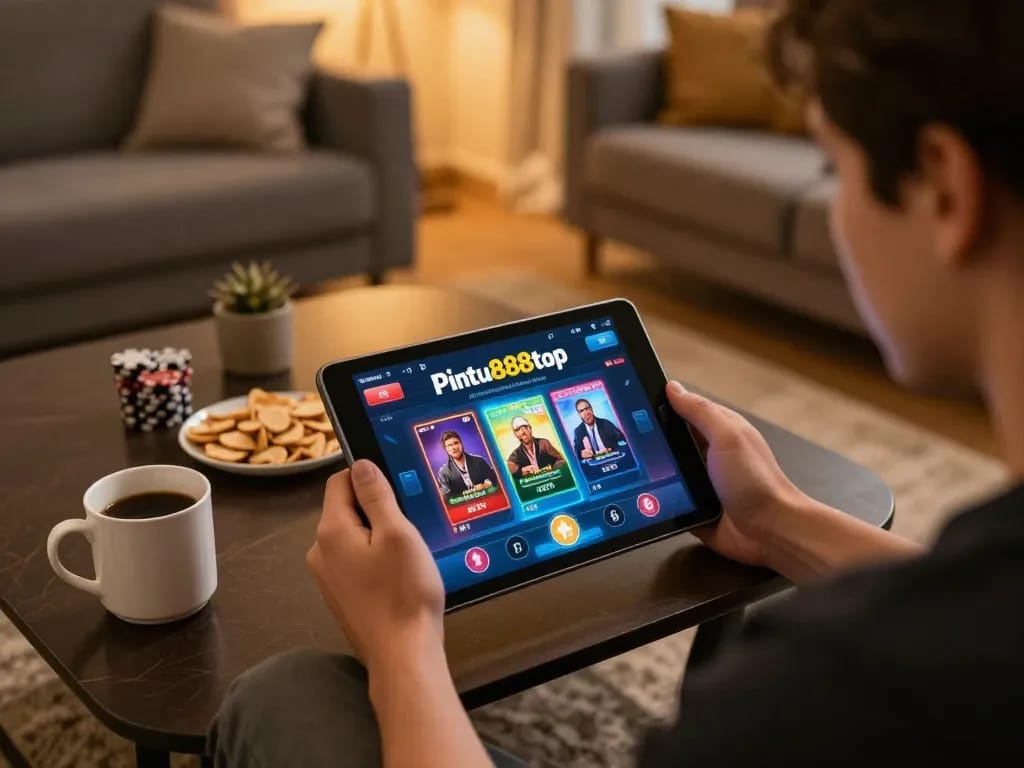 Player engaging with the pintu888top app on a tablet, enjoying online gaming comfortably at home
