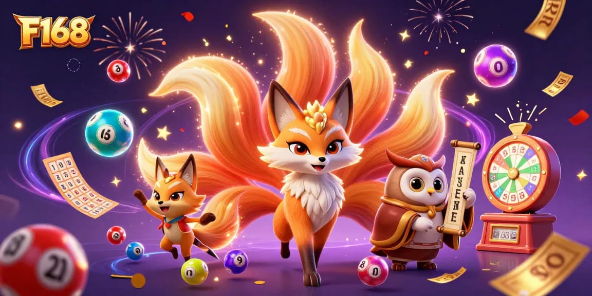 Witness F168's magical gaming world with a vibrant nine-tailed fox and owl, celebrating winning moments.