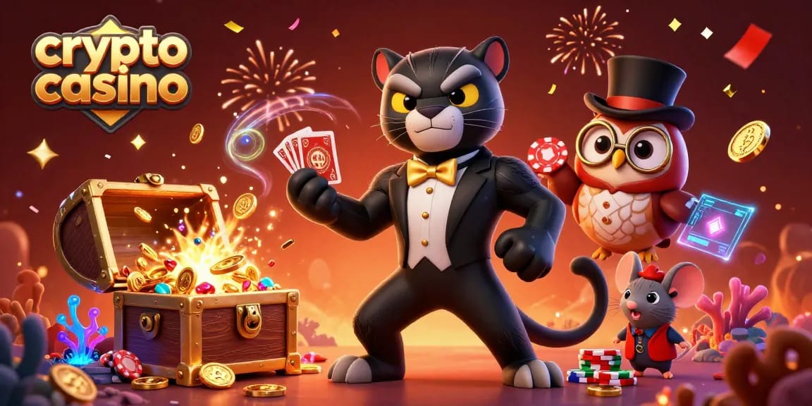 Vivi l'emozione del crypto casino con una scena 3D ricca di personaggi iconici e elementi di gioco unici.