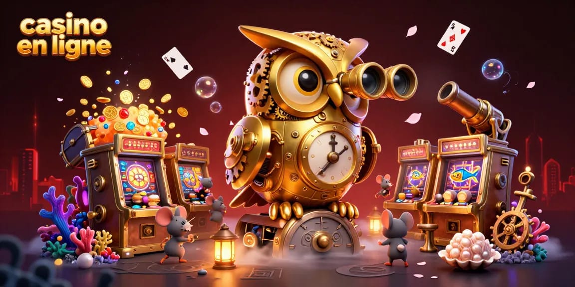 Plongée dans l'univers du casino en ligne avec des machines à sous entre un hibou doré et des souris animées.