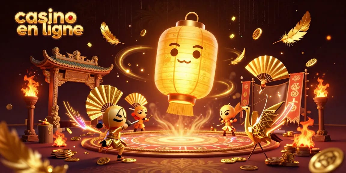 Visualisez un casino en ligne animé avec des personnages de lanternes dorées, transformant l'expérience de jeu.