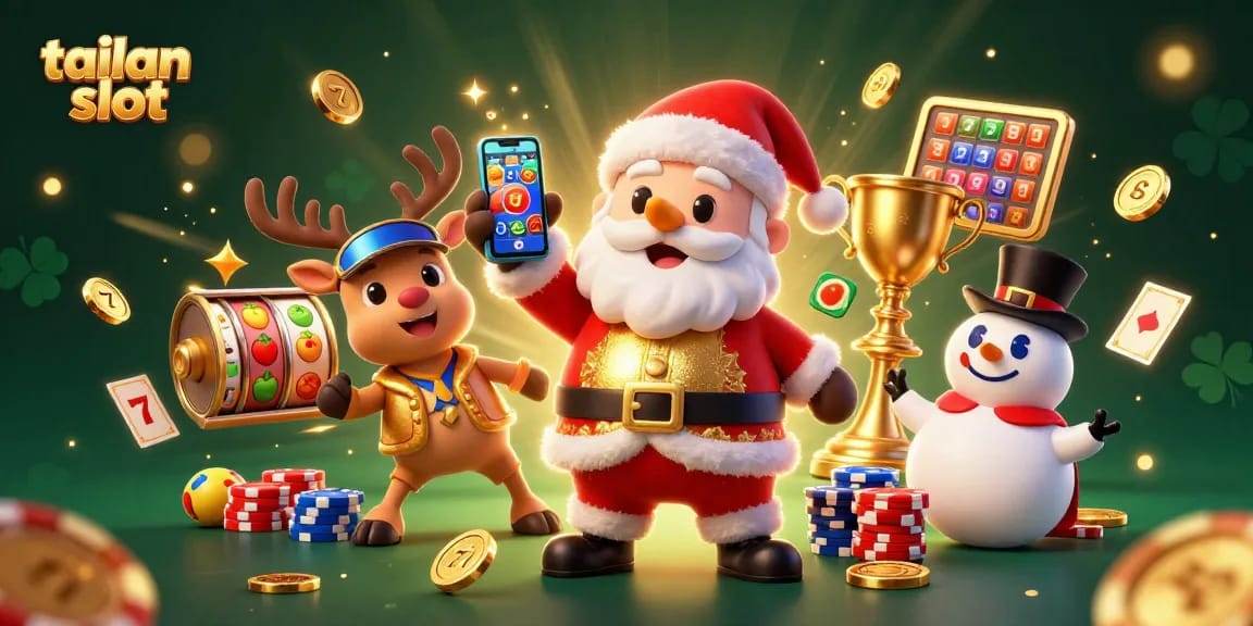 Spin the reels with tailan slot in a festive casino scene featuring Santa and friends.