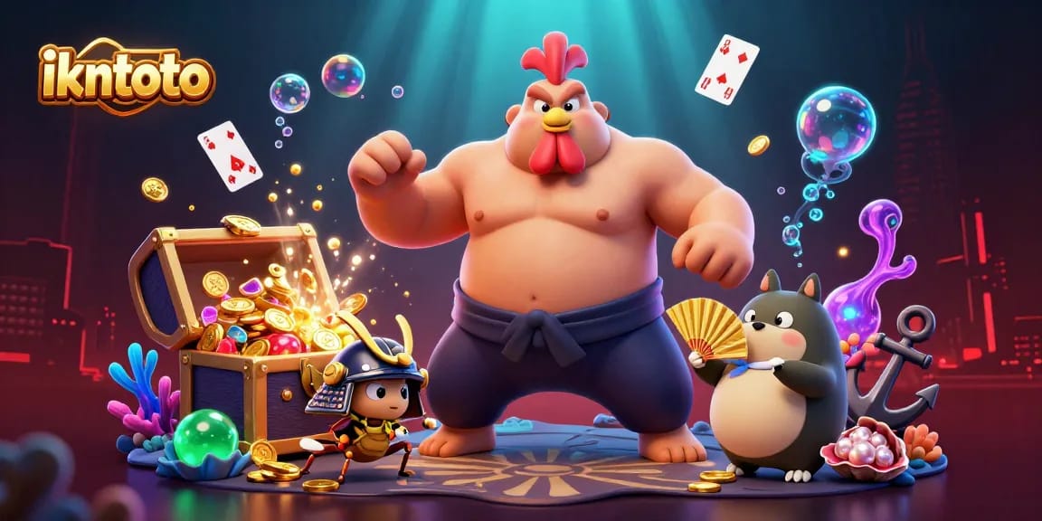 Experience thrilling action with ikntoto's vibrant characters and elements in a dynamic 3D casino scene.