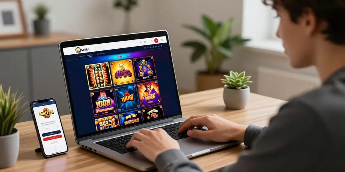 Effortless million casino login process on a laptop with vibrant game graphics.
