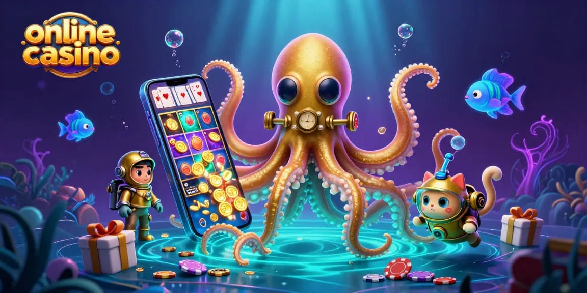 Scopri i giochi d'azzardo nel nostro online casino con simboli di slot e pesci luminosi.