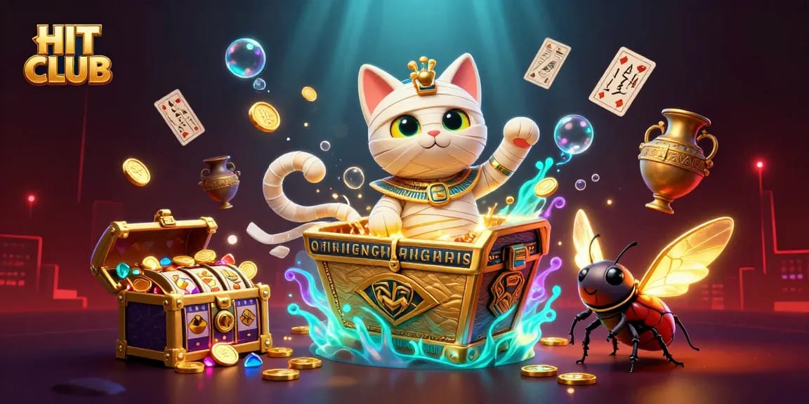 Experience the exciting HIT CLUB with a 3D illustration featuring a vibrant casino scene full of treasures and games.