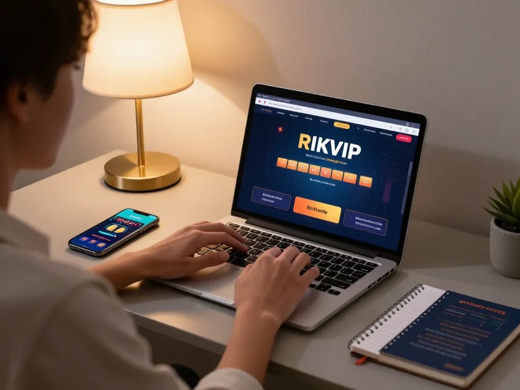 Engaging player using RIKVIP online casino app on laptop, showcasing a responsible gaming setup.
