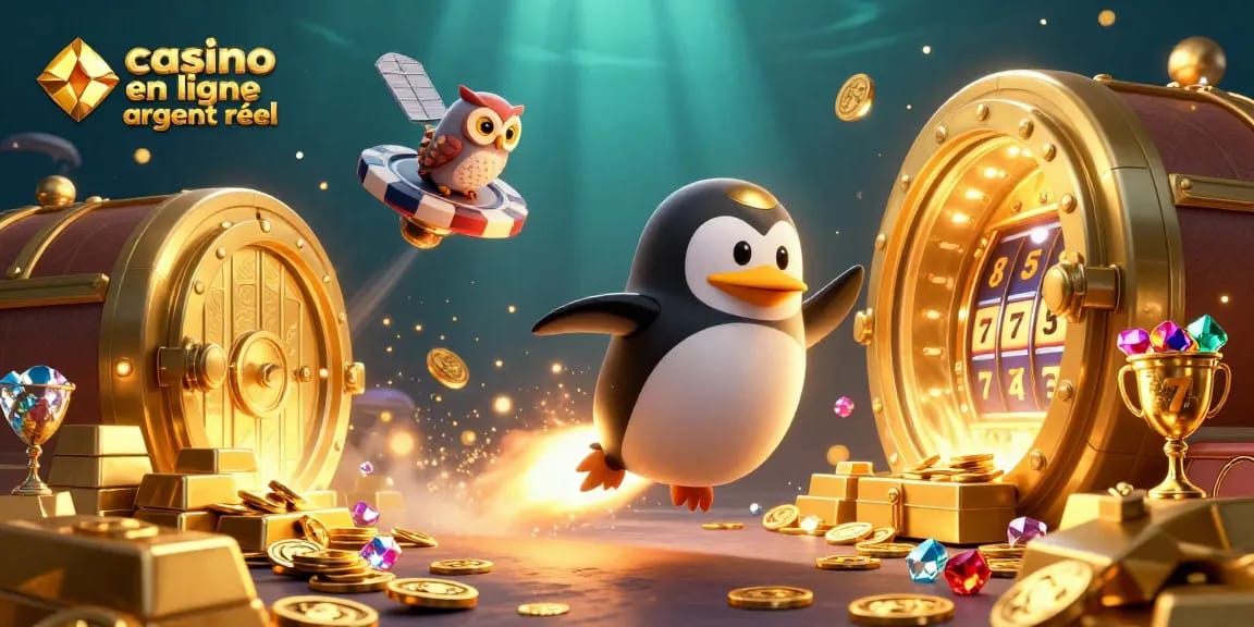 Jouez au casino en ligne argent réel avec des machines à sous animées et un pingouin en or