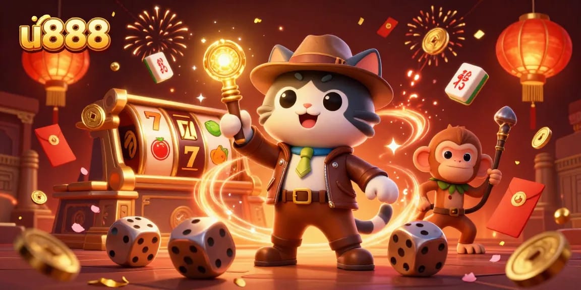 Engage in thrilling u888 casino adventures with a treasure-hunting cat and monkey in a dynamic scene.
