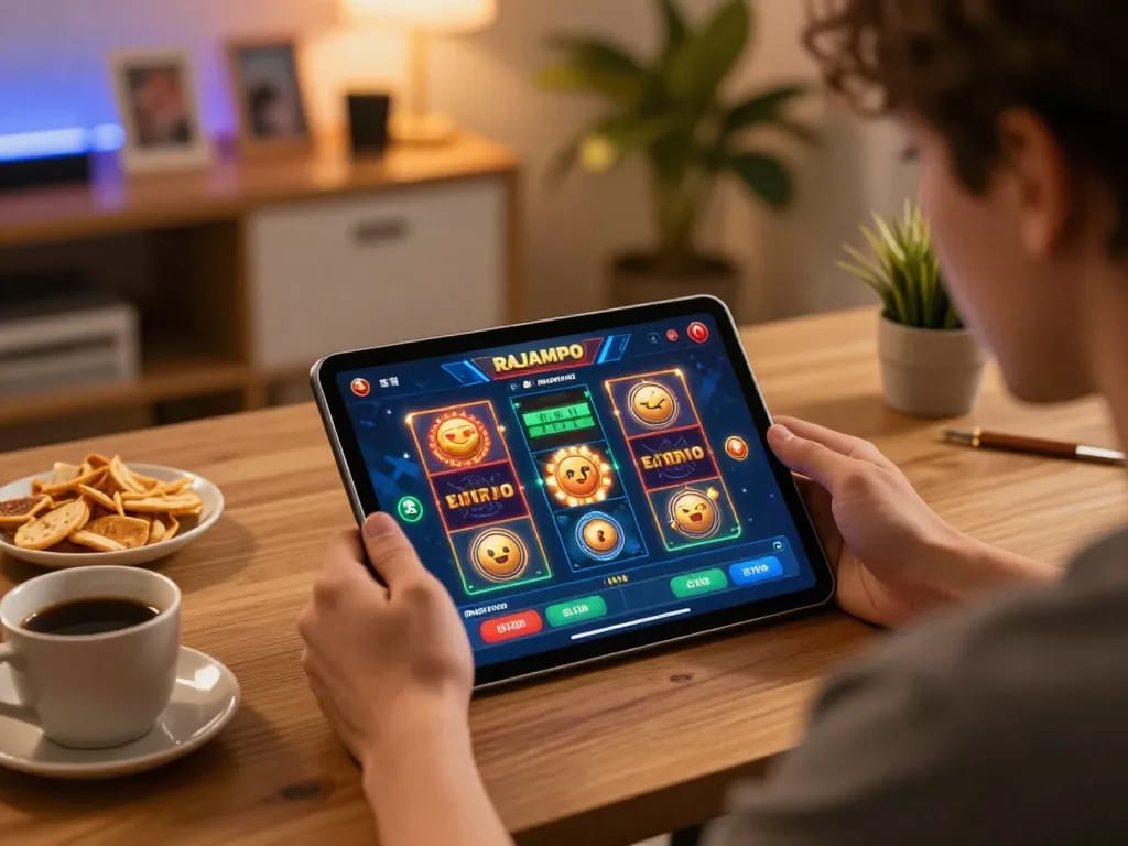 Engaging gameplay with Rajampo link alternatif on a cozy tablet setup.