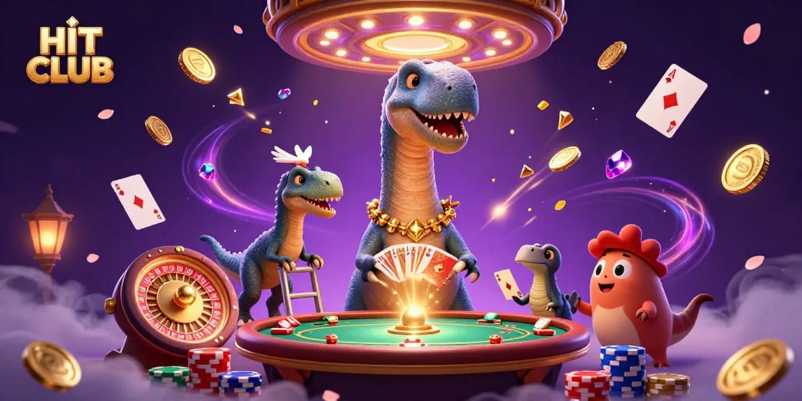 Experience the excitement of HIT CLUB with a dinosaur dealer and dazzling casino elements.