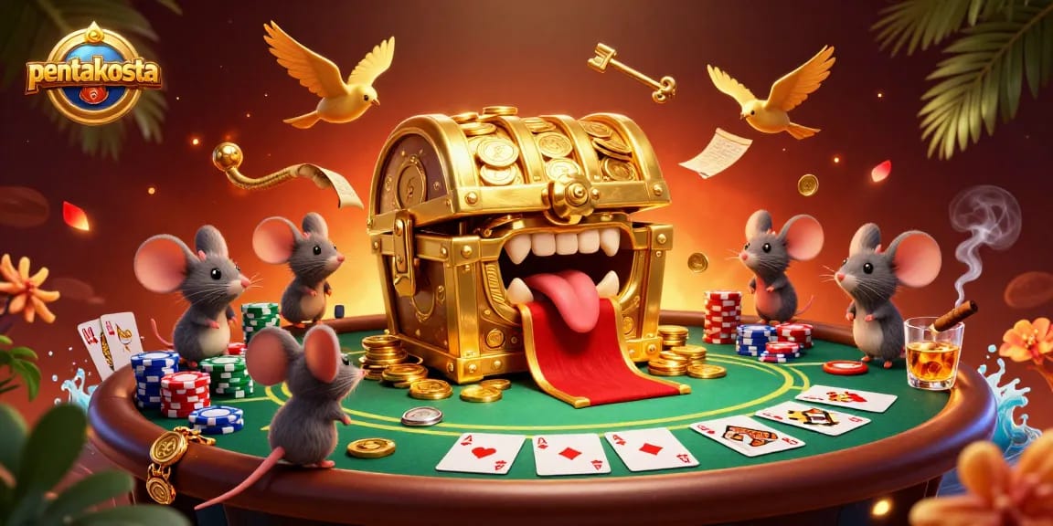 Win big with pentakosta at the poker table surrounded by treasure and excitement!