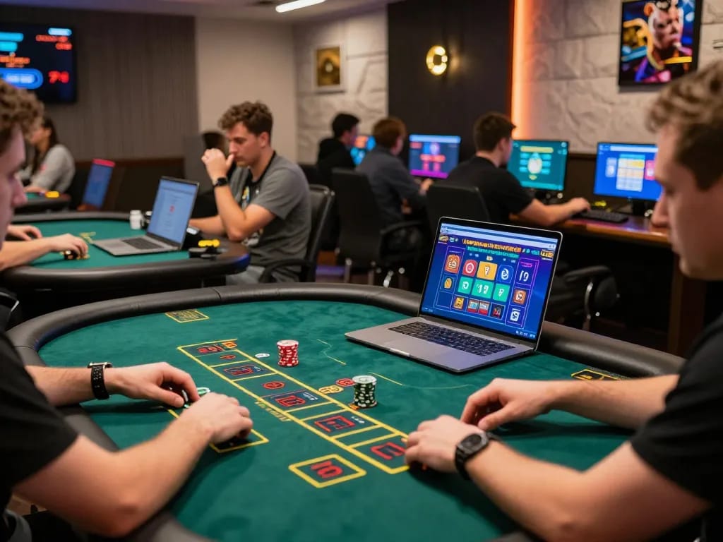 Players enjoying betbet online casino games, capturing the thrill of strategic gameplay and vibrant interactions.