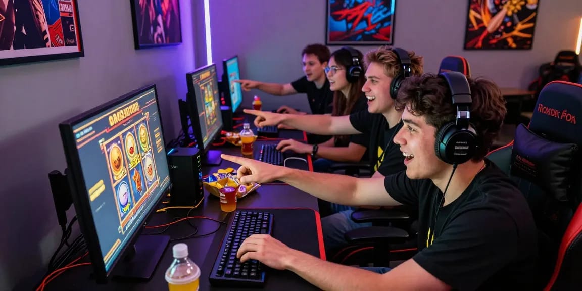 Friends enjoying slot gacor games in a vibrant gaming room, showcasing excitement and camaraderie.