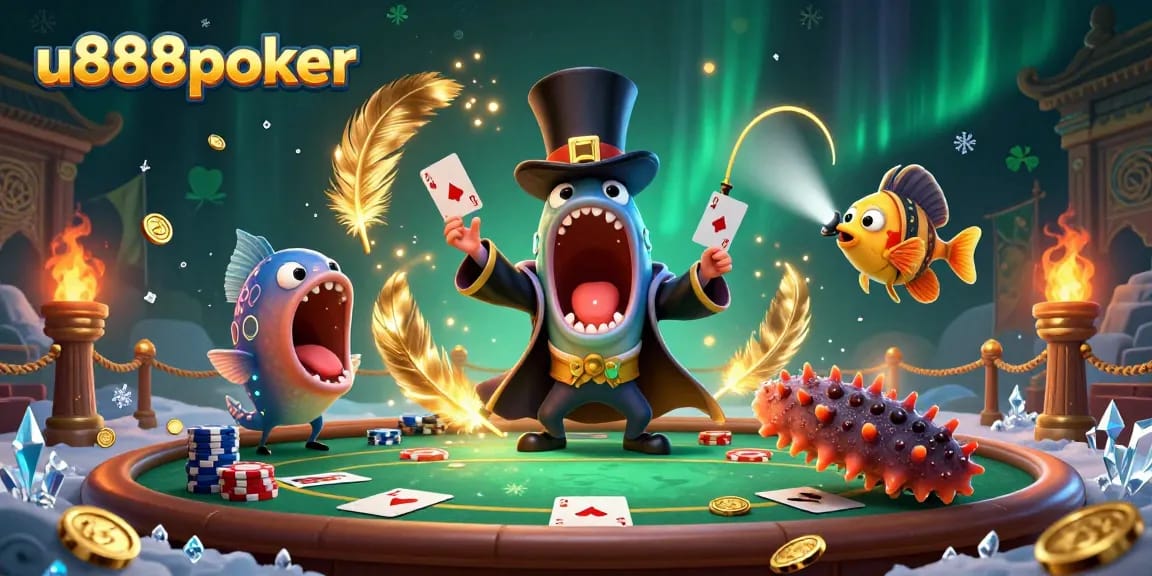 Experience the thrill of u888poker with a whimsical card trick performance by unique sea creatures.