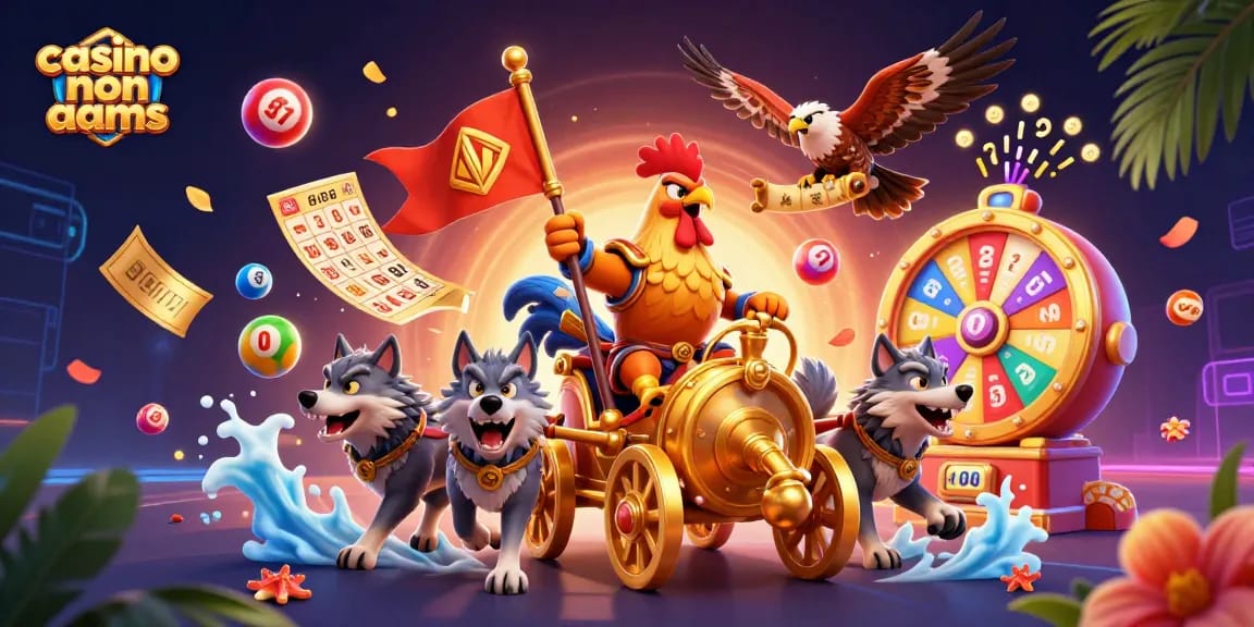 Giocatori nel casino non AAMS partecipano a giochi con palloni colorati e carte da bingo, circondati da premi brillanti.