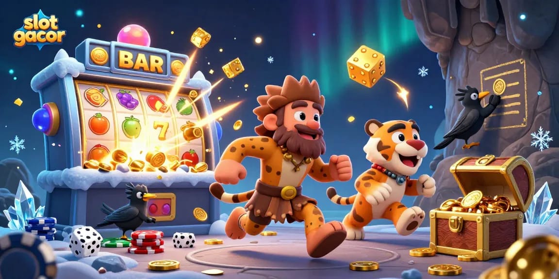 Spin the slot gacor machines with a cartoon caveman, tiger, and crow in a lively prehistoric casino scene.