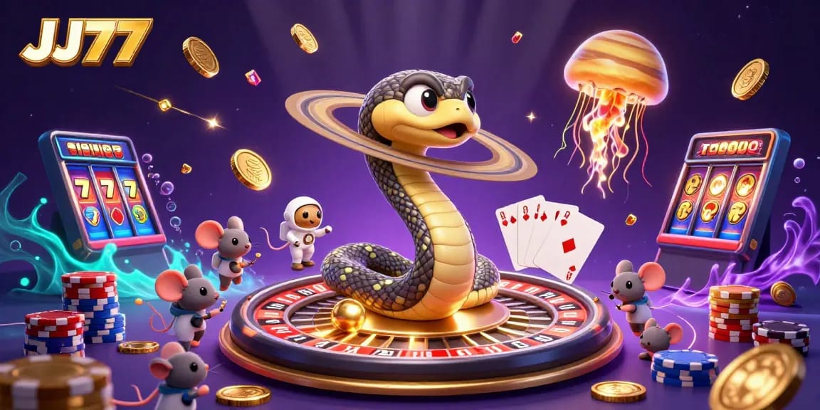 Experience thrilling gaming at JJ77 with a cosmic roulette scene featuring unique characters and exciting elements.