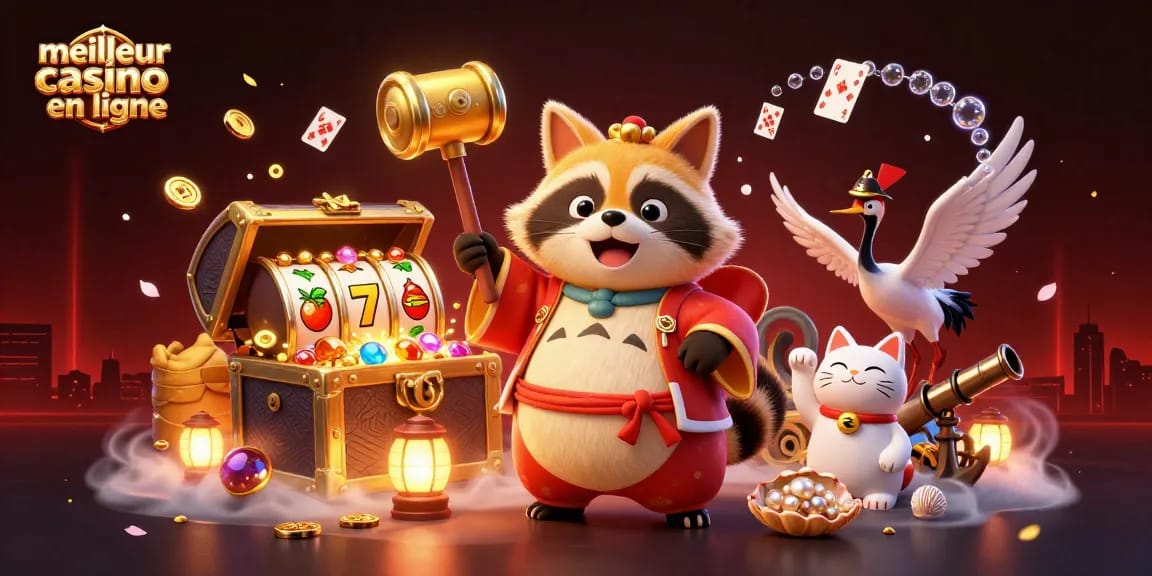 Meilleur casino en ligne : une illustration animée avec un tanuki porte-bonheur et des rouleaux de machine à sous.