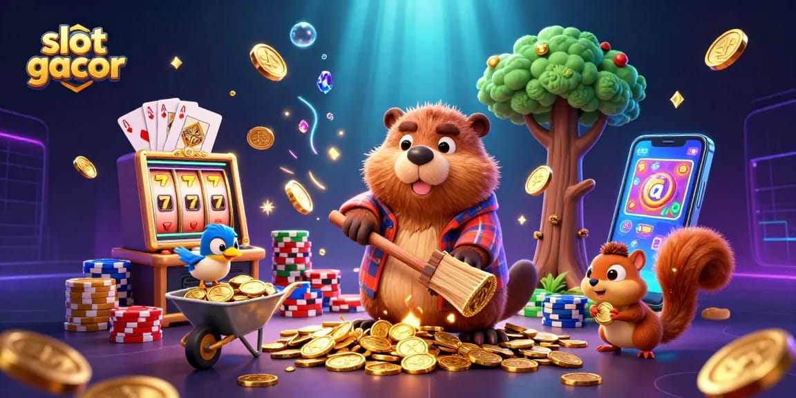 Experience the excitement of slot gacor with a beaver character collecting golden coins while surrounded by vibrant game elements and rewards.