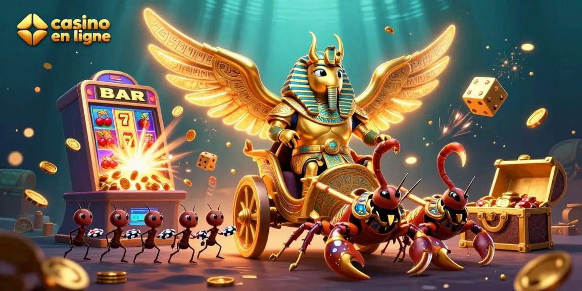 Jouer au casino en ligne avec des personnages animés parmi les machines à sous éclatantes et des jetons de poker.