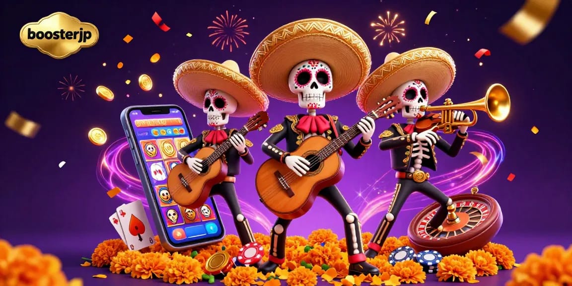 Engage with boosterjp for vibrant casino action featuring mariachi characters among playful gaming elements.
