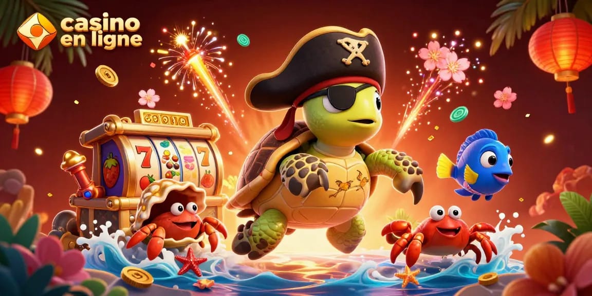 Jouez au casino en ligne et découvrez un monde vibrant avec une tortue pirate et des trésors flottants.