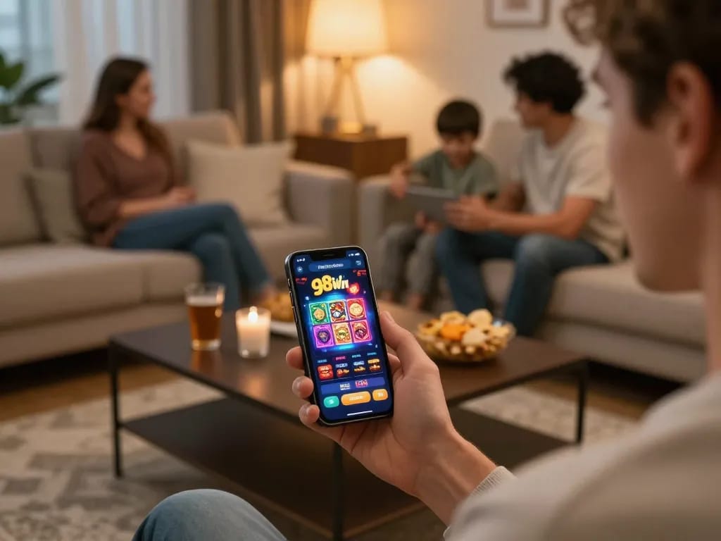 Player engaging with the 98win app on a smartphone during online gambling at home.