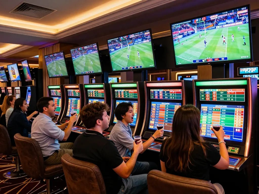 Exciting sports betting scene at nhà cái nk88 with patrons engaged in placing wagers and celebrating wins