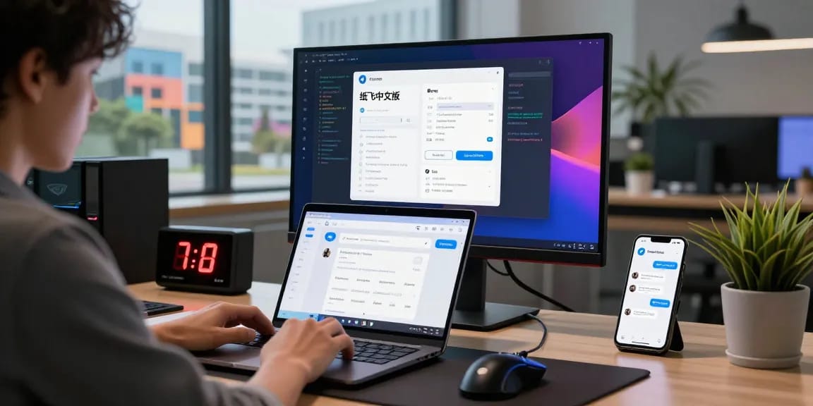Using 纸飞机中文版 on a laptop with tech gadgets in a modern workspace.