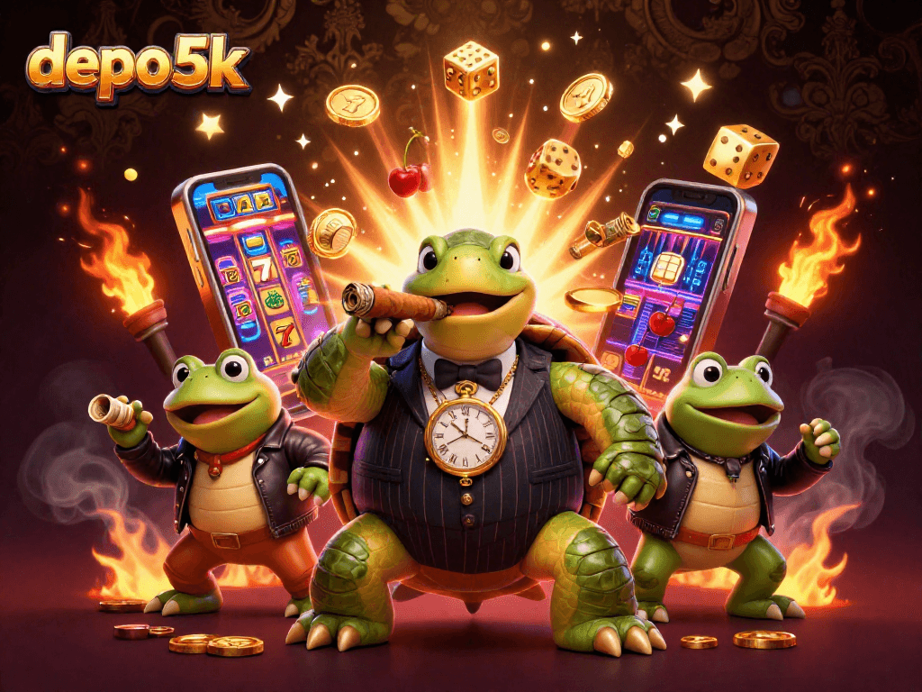 Experience the excitement of depo 5k with a cartoon turtle mobster amidst casino elements.