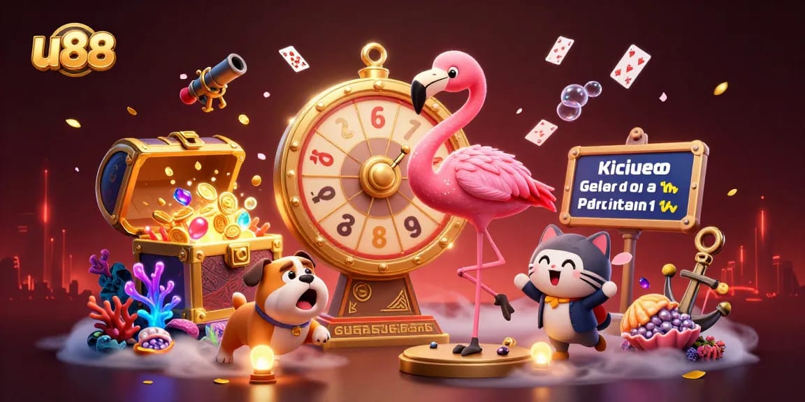 Engage with u88's vibrant casino scene featuring a flamingo host, bulldog contestant, and exciting prizes.