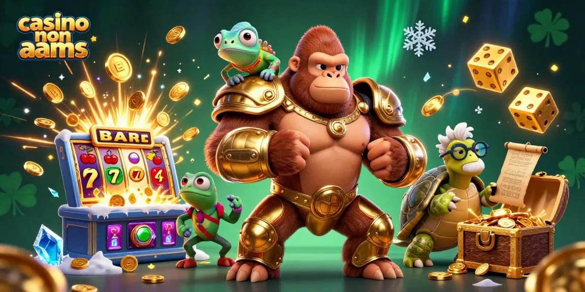 Divertiti nei casinò non AAMS con questo gorilla re e i suoi compagni in un'illustrazione vivace.