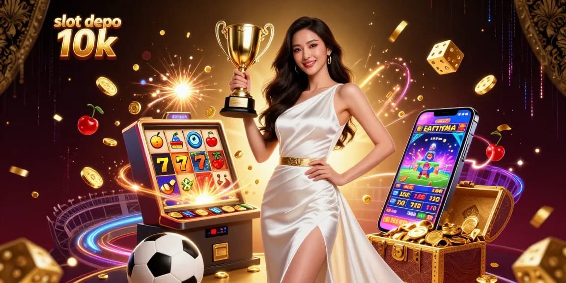 Win big with slot depo 10k in this vibrant canvas showcasing dynamic gaming elements and a confident winner.