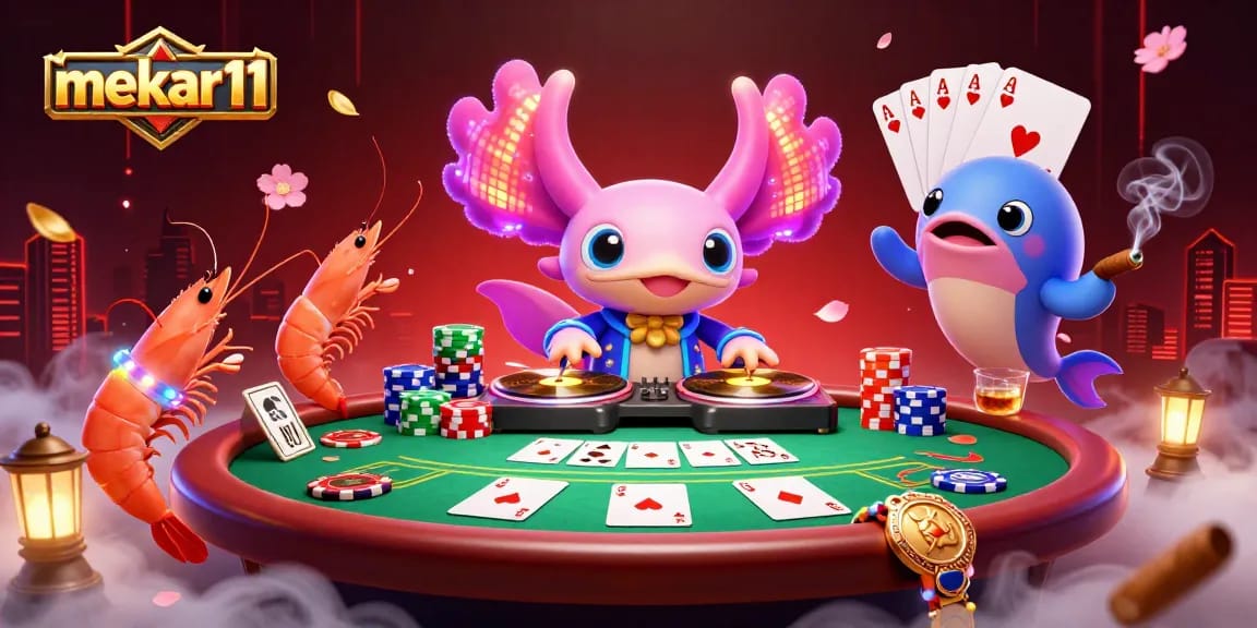 Mekar11 immerses players in vibrant online gambling with a neon axolotl DJ spinning records and a lively atmosphere.