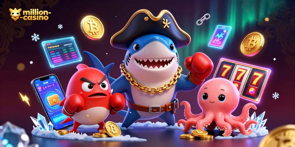 Experience thrilling gameplay at million-casino with animated characters and slot symbols amidst digital coins.