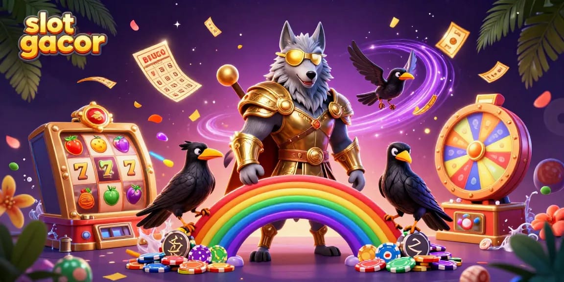 Mainkan slot gacor dengan Odin dan burung gagak di atas jembatan kasino chip.