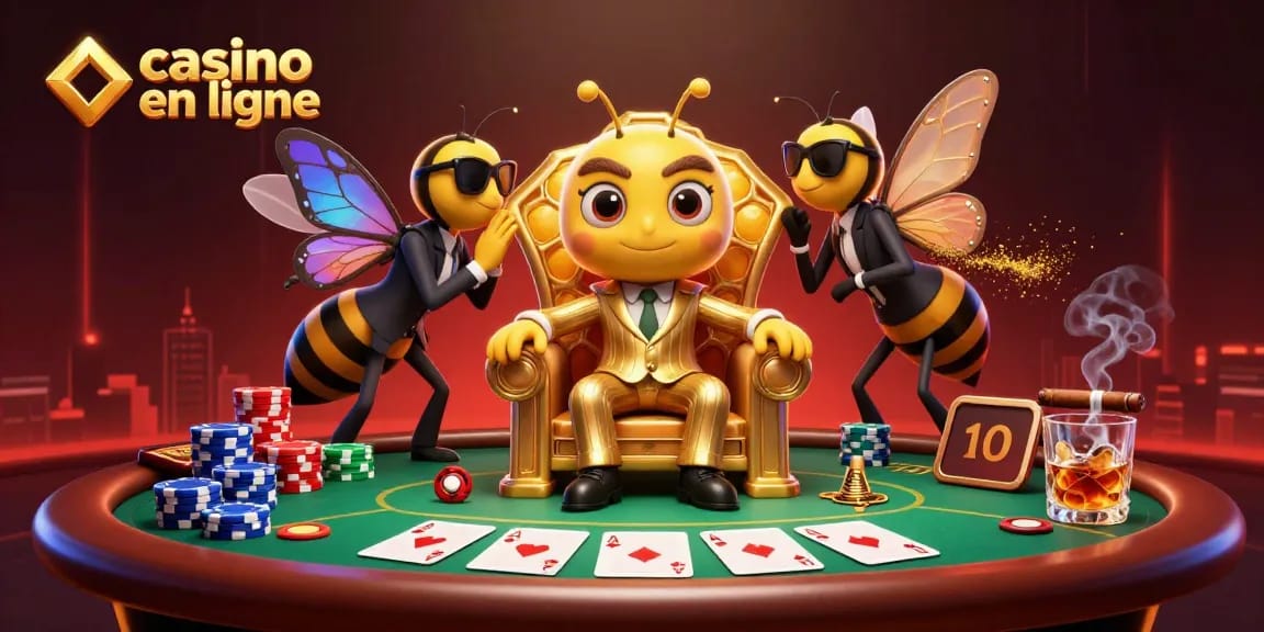 Illustration captivante d'un casino en ligne avec un patron abeille et des jeux de poker.