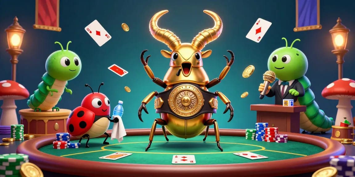 ポーカーアプリで戦っている大きな黄金のカブトムシとスリリングなシーンを表現