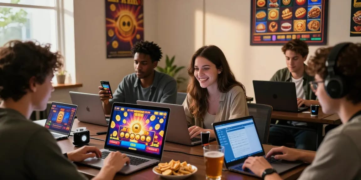 Excited players enjoying slot dana games on laptops and tablets, celebrating wins.