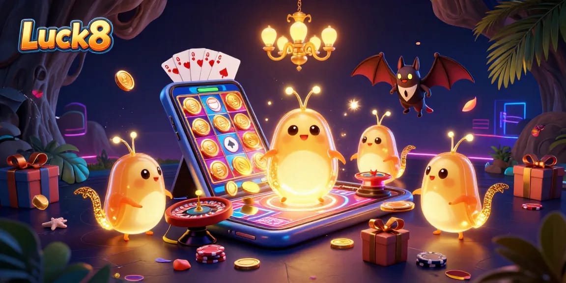 Experience the thrill of Luck8 with vibrant casino elements and captivating glowworm characters.