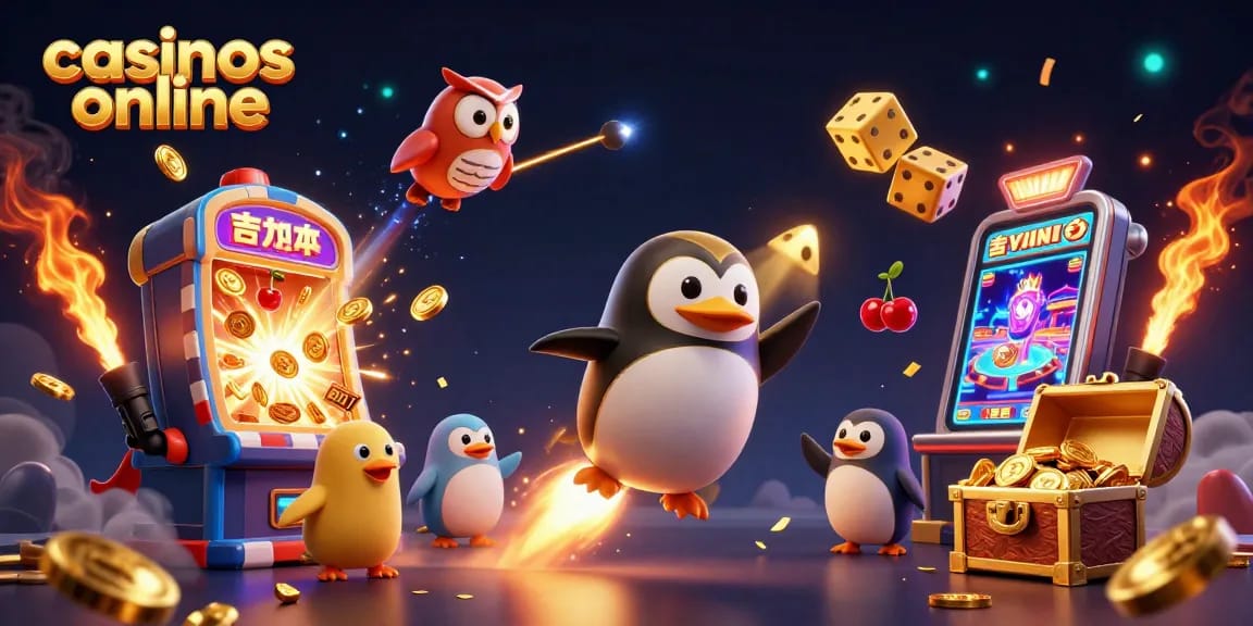 Disfruta de los casinos online con este vibrante diseño: un pingüino dorado y una máquina tragamonedas explosiva.