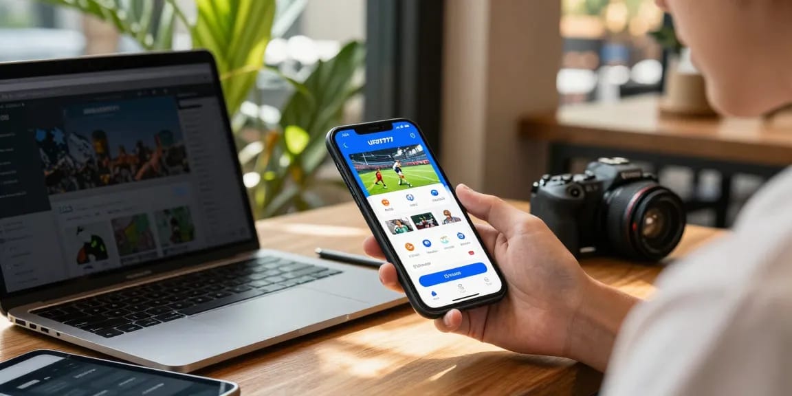 Aplikasi UFO777 di smartphone pengguna yang nyaman di kafe, menunjukkan fitur-fitur menarik di https://ufoapk.id/.
