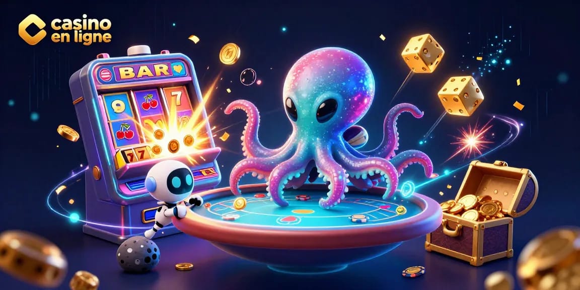 Jouez à des jeux de casino en ligne avec une illustration d'un poulpe extraterrestre et un robot.