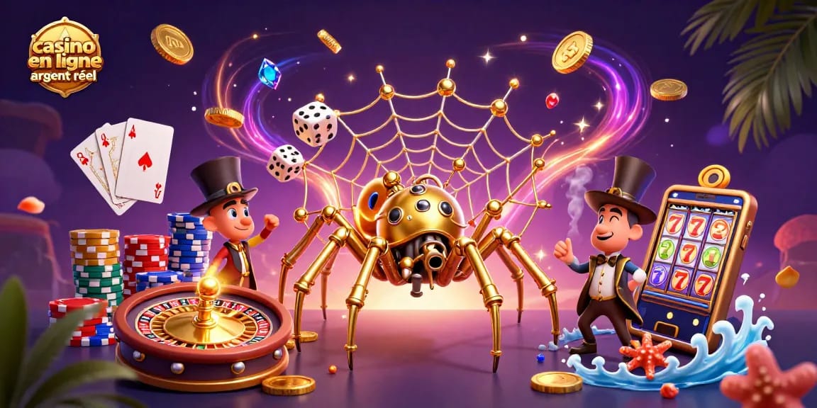 Visualisez une illustration dynamique de casino en ligne argent réel avec une araignée steampunk et des jetons de poker