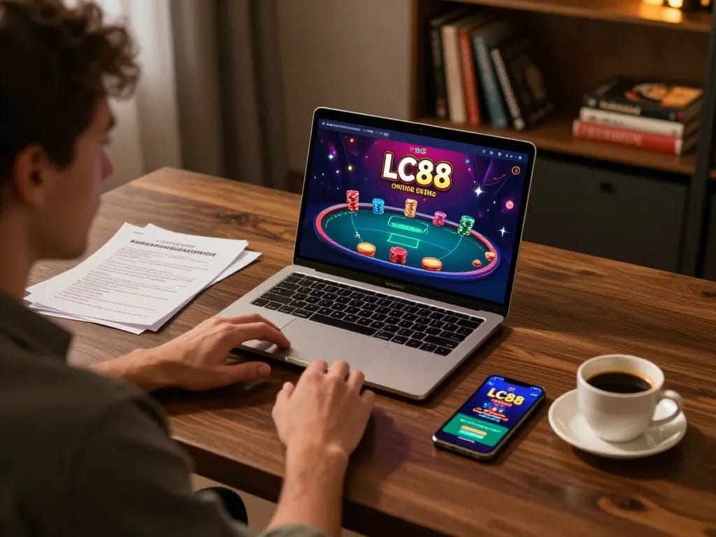 Engaging in LC88 online casino gameplay on a stylish desk with bankroll management notes.