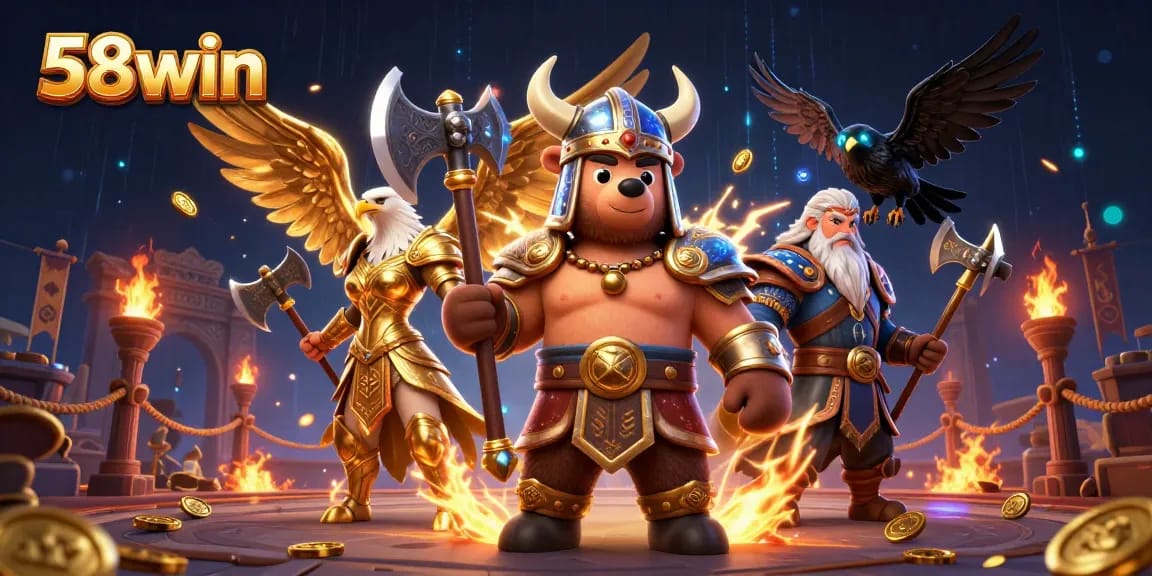 Engage in thrilling 58win action with a Viking berserker, Valkyrie eagle, and glowing tokens.