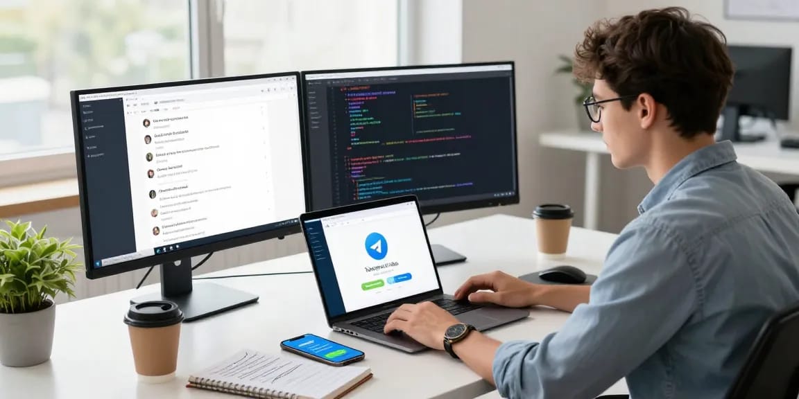 Professional using Telegram Web Version on a laptop in a stylish workspace.