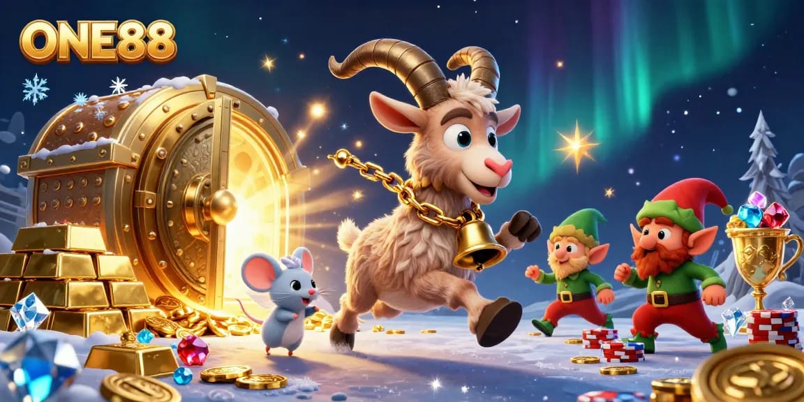 One88 Casino scene showcases festive 3D characters in a vibrant, thrilling atmosphere.